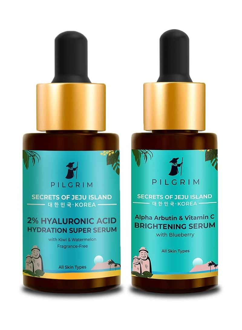 PILGRIM Pilgrim Glow Booster Combo | 2% Hyaluronic Acid Hydration Super Serum 30ml, Alpha Arbutin & Vitamin C Skin Brightening Serum 30ml | For Face Pigmentation & Radiant Skin | Korean Skin Care - Image 1