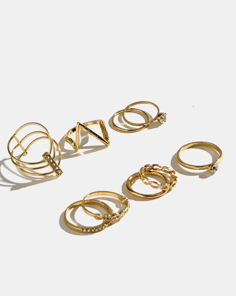 REDTAG Women Gold Embellished Rings Set (9 Piece)