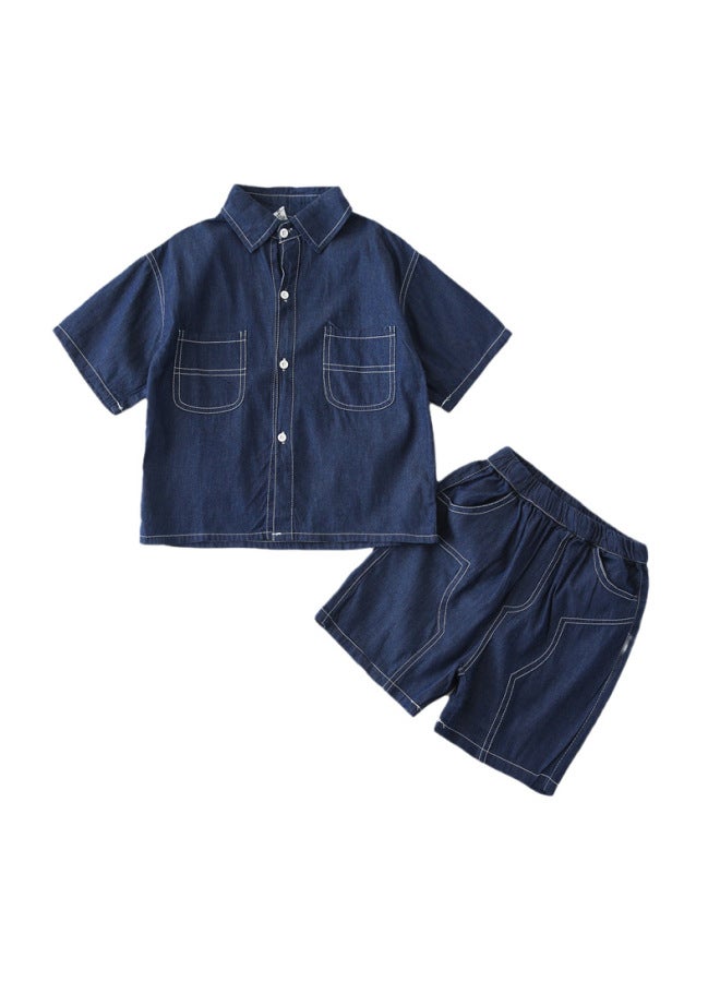 Boys' Outfit  Summer Stylish Loose Casual Parent-child Matching Street-style Denim Shirt Two-piece Set Trendy