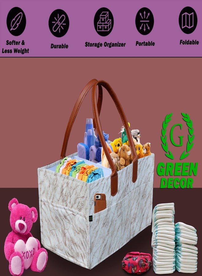 GREEN DECOR - Heavy Duty Felt Designer Caddy Bag With Handles for Mothers, Baby Diaper & Wipes Caddy Organizers,Nursery Storage Foldable & Portable (Marble Print, Cream Color, 15X10X8 Inches) - Image 5