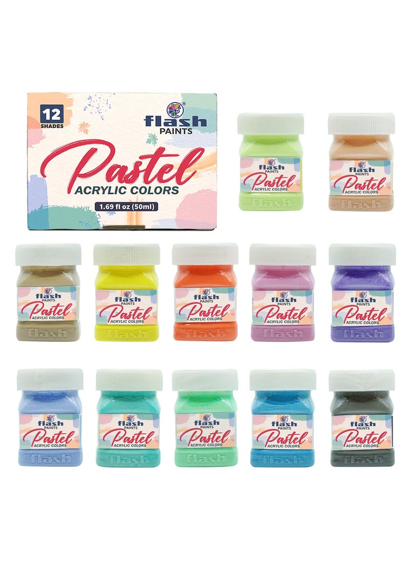Flash - Flash Pastel Acrylic Colours-Rich Pigments Non Fading Non Toxic Acrylic Paint Set for Artists Professionals Students Hobby Painters (Set of 12 Colors-50 ml each, Multi) - Image 1