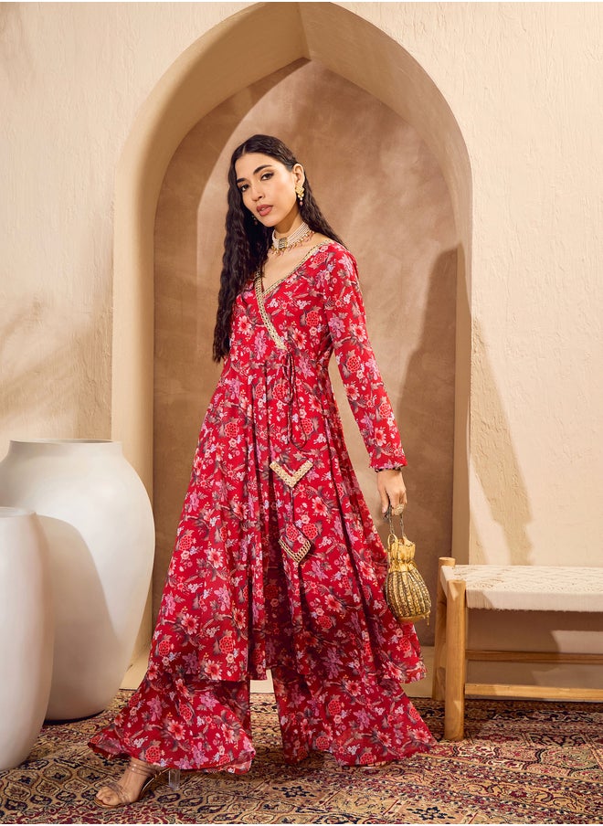 SASSAFRAS Floral Print Wrap Anarkali Kurta with Palazzos Set  - Image 5