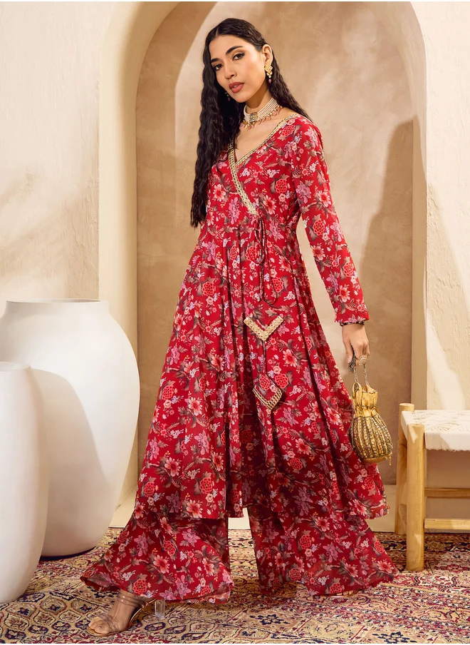 ساسافراس Floral Print Wrap Anarkali Kurta with Palazzos Set