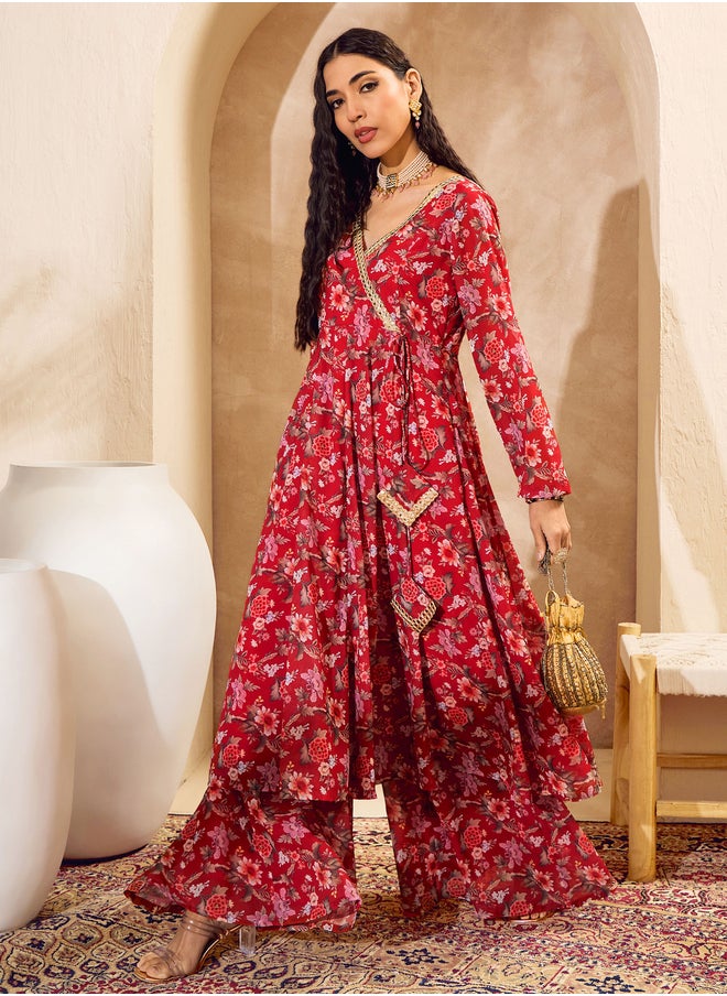 SASSAFRAS Floral Print Wrap Anarkali Kurta with Palazzos Set  - Image 1