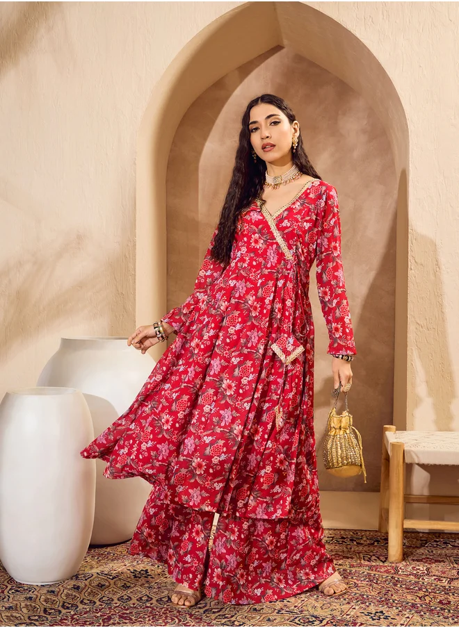 ساسافراس Floral Print Wrap Anarkali Kurta with Palazzos Set