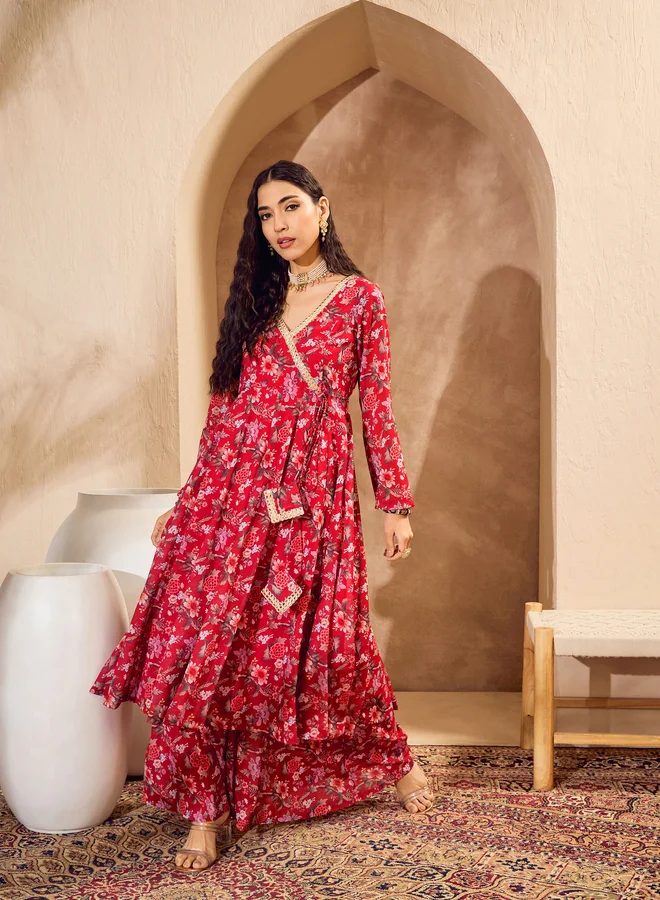 SASSAFRAS Floral Print Wrap Anarkali Kurta with Palazzos Set