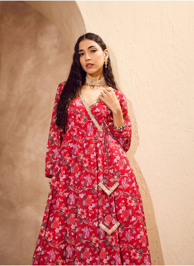 SASSAFRAS Floral Print Wrap Anarkali Kurta with Palazzos Set  - Image 4