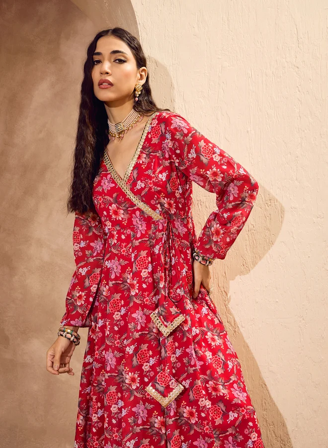 SASSAFRAS Floral Print Wrap Anarkali Kurta with Palazzos Set