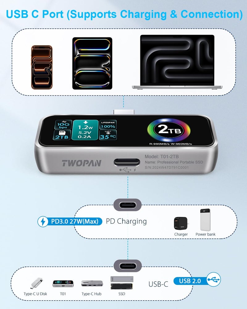 TWOPAN Magnetic Portable iPhone SSD for ProRes 4K 60fps Video Recording, 2TB External Super Storage for iPhone 17/16/15 Pro/Pro Max, iMac/MacBook, LCD Display, USB-C PD 3.0 Port, Built-in Cooling Fan - Image 5