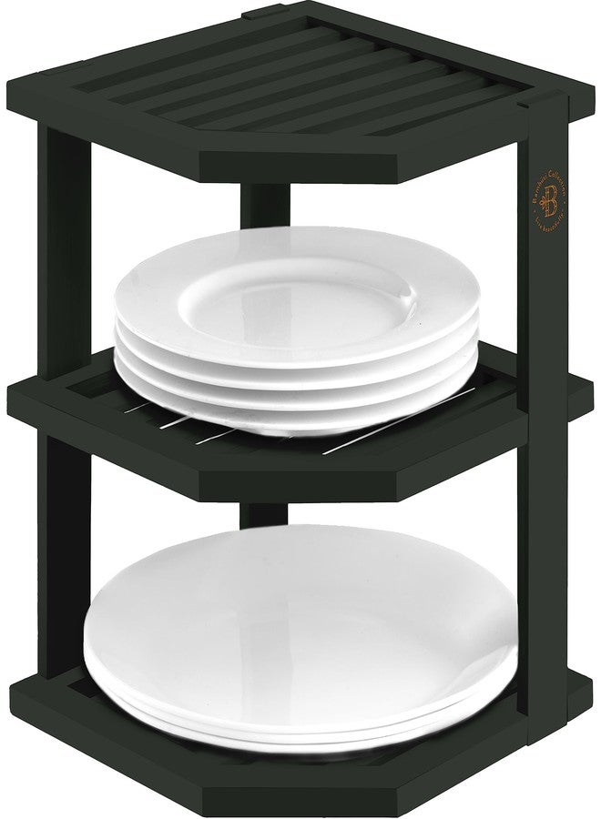 بامبوسي رف منظم للخزائن - رف زاوية من الخيزران لسطح المطبخ، موفر للمساحة في الخزائن للأطباق، والصحون، والأوعية، وخزانة الخبز، وتخزين الحمام أو كحامل على سطح الطاولة، أسود - Image 1