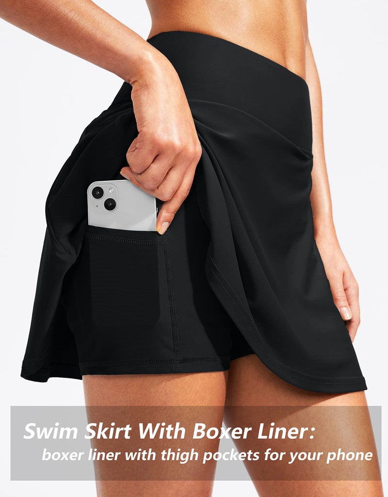 Kayrth Women's High Waisted Swim Skirt with Zipper Pockets Tummy Control Bathing Suit Swimsuit Tankini Bottoms Black - Image 4