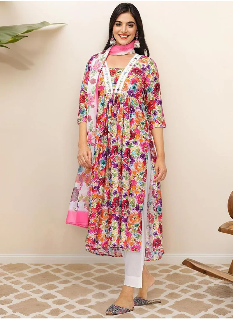 آي شين Women's Multicoloured Cotton Blend Embellished Tunic Full Length Casual Straight Fit Kurta Set