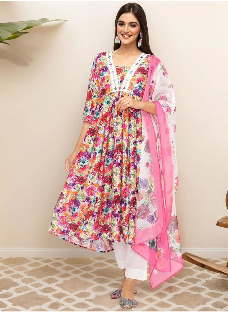 آي شين Women's Multicoloured Cotton Blend Embellished Tunic Full Length Casual Straight Fit Kurta Set