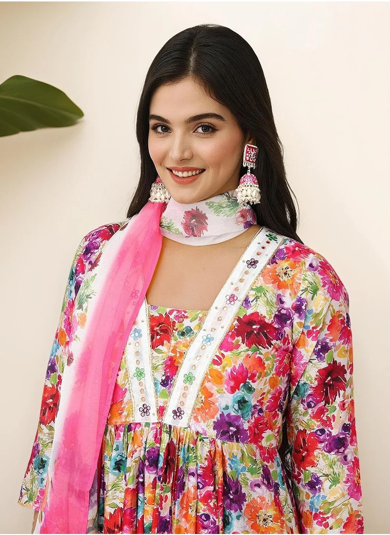 آي شين Women's Multicoloured Cotton Blend Embellished Tunic Full Length Casual Straight Fit Kurta Set