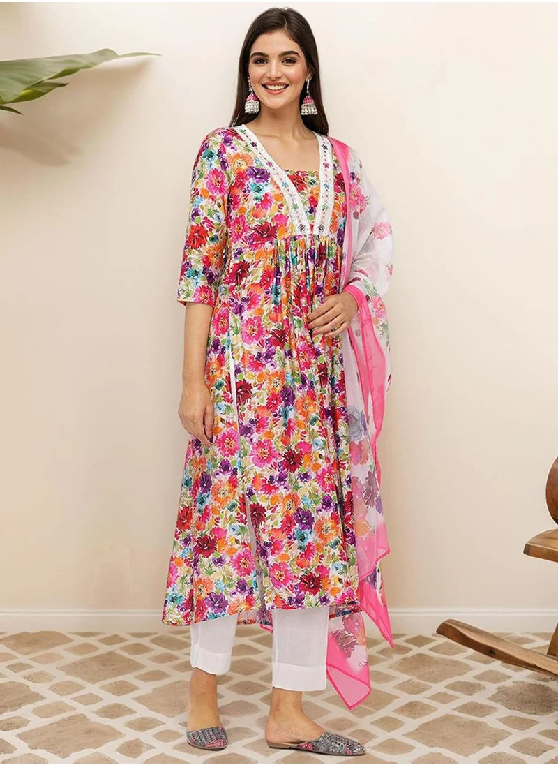 آي شين Women's Multicoloured Cotton Blend Embellished Tunic Full Length Casual Straight Fit Kurta Set