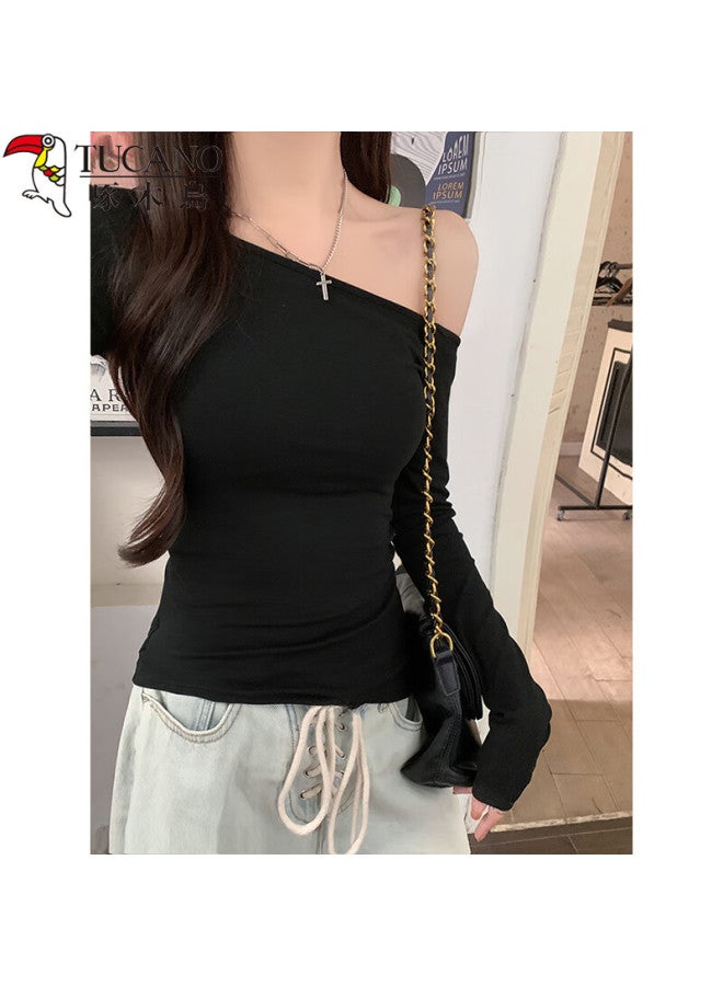 Wood Women's Long Sleeve T-shirt, Asymmetric Shoulder, Autumn Slim Fit And Slim, Off-shoulder Base Shirt, Dark Gray, M