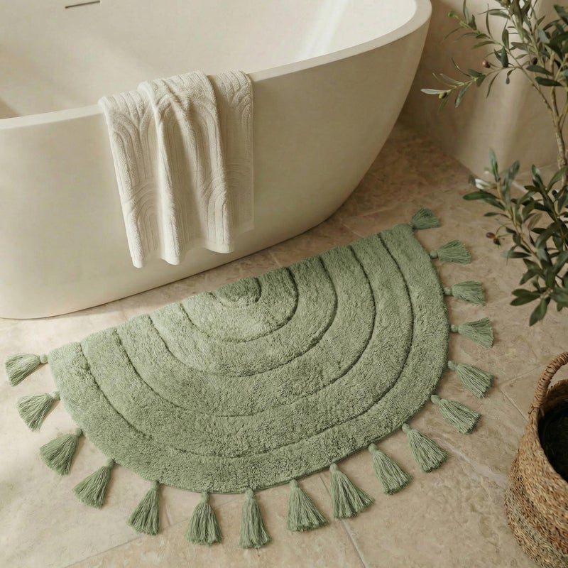 KIBAGA Beautiful Boho Rug with Tassels for Your Bathroom - Soft Half Circle 100% Cotton Mat Fits Perfectly Into Your Home - A Cute, Non-Slip and Absorbent Crochet Rug Ideal to Enhance Any Bath/Bedroom Decor - Image 1