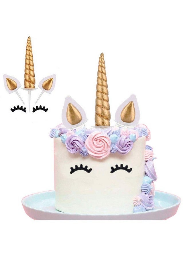 Yashell 9625321410 Unicorn Cake Topper, Reusable Gold Unicorn Horn,Ears and Eyelashes Party Cake Decoration Value Set for Unicorn Party Decoration for Baby Shower，Wedding and Birthday Party(Set of 5) - Image 1