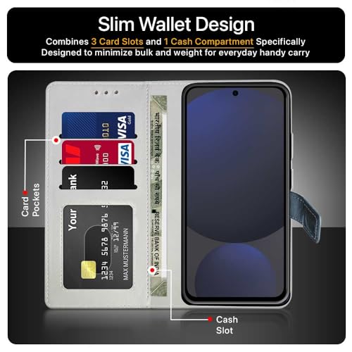 FLIPPED Vegan Leather Flip Case Back Cover for Samsung Galaxy S24 FE 5G (Flexible, Shock Proof | Hand Stitched Leather Finish | Card Pockets Wallet & Stand | Blue with Aquamarine) - Image 4