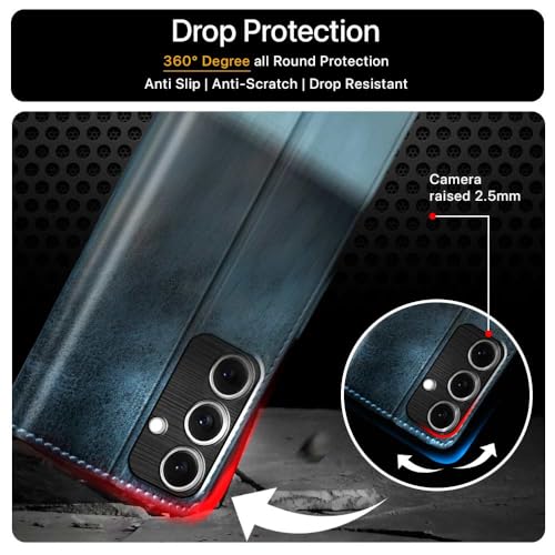 FLIPPED Vegan Leather Flip Case Back Cover for Samsung Galaxy S24 FE 5G (Flexible, Shock Proof | Hand Stitched Leather Finish | Card Pockets Wallet & Stand | Blue with Aquamarine) - Image 5