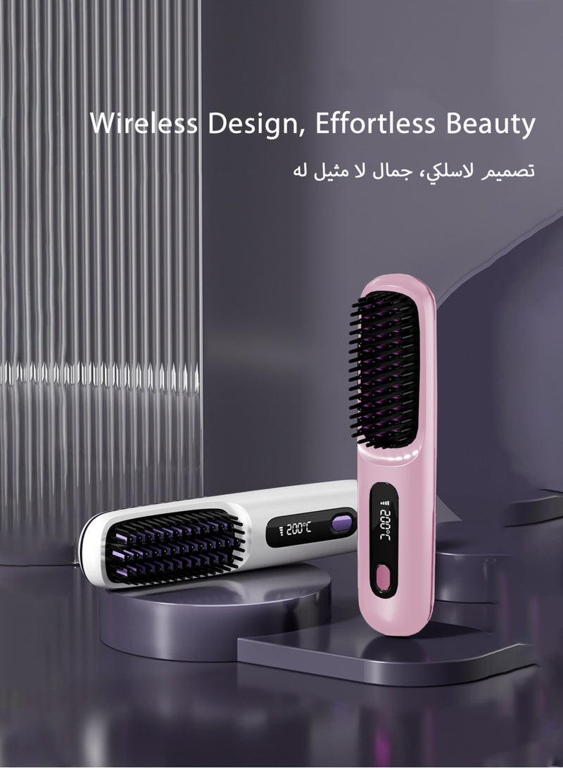 Electric Hair Straightener Brush, Portable Ceramic Ionic Straightening Comb and Curler, LED Display, Fast Heating, 3 Temp Settings  Anti-Scald Head Massager for All Hair Types, Pink - Image 5