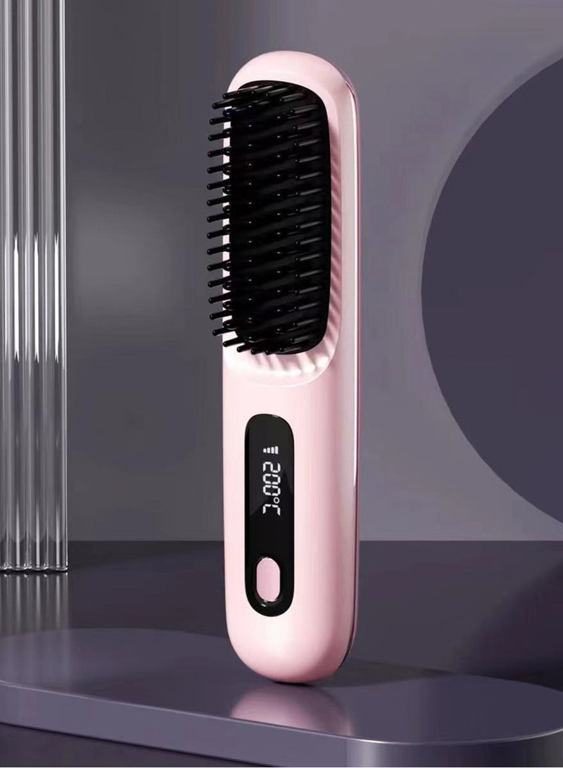 Electric Hair Straightener Brush, Portable Ceramic Ionic Straightening Comb and Curler, LED Display, Fast Heating, 3 Temp Settings  Anti-Scald Head Massager for All Hair Types, Pink - Image 1