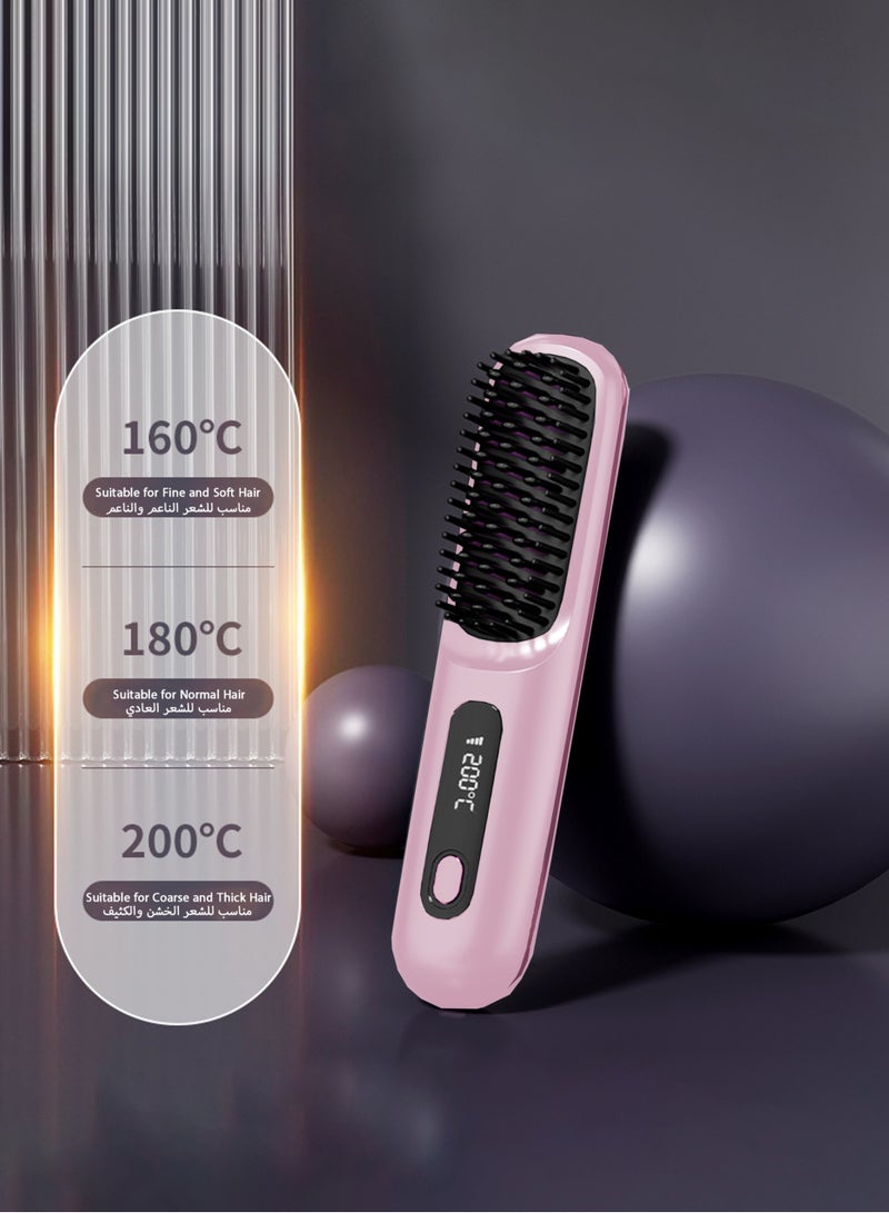 Electric Hair Straightener Brush, Portable Ceramic Ionic Straightening Comb and Curler, LED Display, Fast Heating, 3 Temp Settings  Anti-Scald Head Massager for All Hair Types, Pink - Image 4