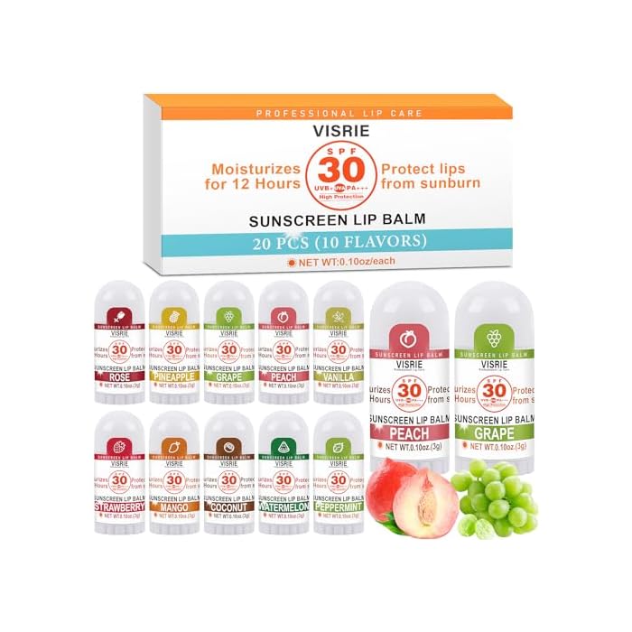 VISRIE SPF 30 Sunscreen Lip Balm, SPF Lip Balm Bulk 20 Count, Broad Spectrum UVA/UVB Lip Sunscreen with Vitamin E and Coconut Oil- 10 Flavors