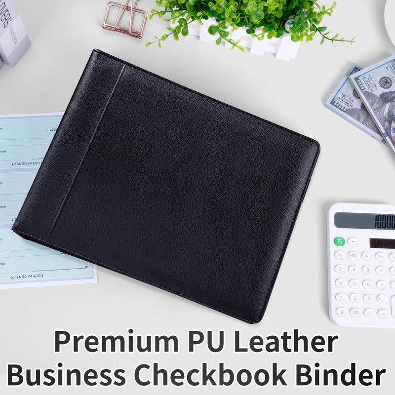 Antner 3 Ring Personal Check Binder for 3-on-a-Page End-Stub Deskbook & Personal 3 Holes or 9 Holes Small Size Checks, PU Leather Check Holder Checkbook Binder Cover with Zipper Pouch, Black - Image 3