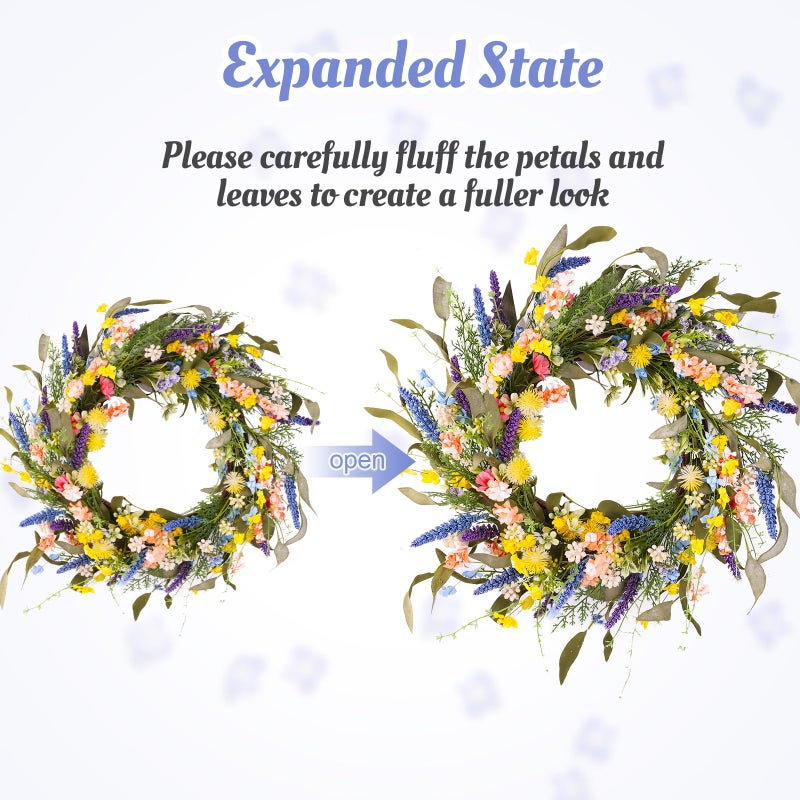Montekin 22" Colorful Wildflower Spring Summer Wreath with Green Leaves, Floral Artificial Wreath for Front Door Home Wall Wedding Farmhouse Holiday Outdoor Indoor DÃ©cor (Yellow) - Image 4