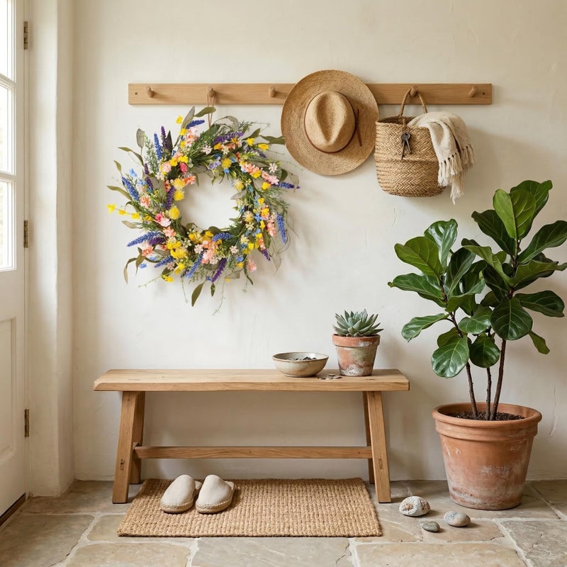 Montekin 22" Colorful Wildflower Spring Summer Wreath with Green Leaves, Floral Artificial Wreath for Front Door Home Wall Wedding Farmhouse Holiday Outdoor Indoor DÃ©cor (Yellow) - Image 2