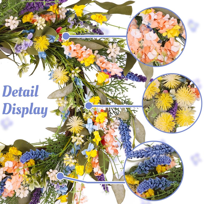 Montekin 22" Colorful Wildflower Spring Summer Wreath with Green Leaves, Floral Artificial Wreath for Front Door Home Wall Wedding Farmhouse Holiday Outdoor Indoor DÃ©cor (Yellow) - Image 3