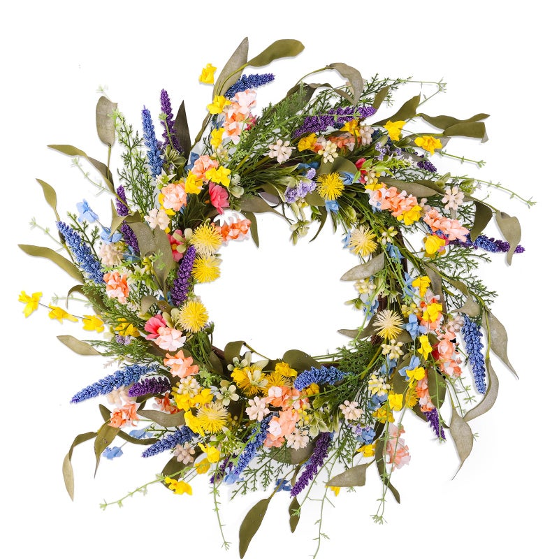 Montekin 22" Colorful Wildflower Spring Summer Wreath with Green Leaves, Floral Artificial Wreath for Front Door Home Wall Wedding Farmhouse Holiday Outdoor Indoor DÃ©cor (Yellow) - Image 1