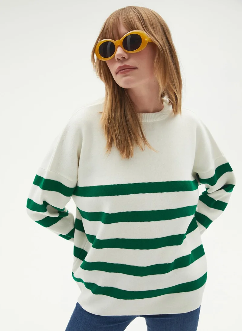 JUNE June Striped Loose Fit Knitwear Sweater Green - Stone