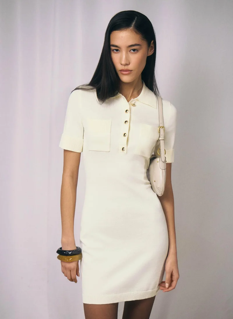 Knitted mini dress with triangular collar and ribbed details