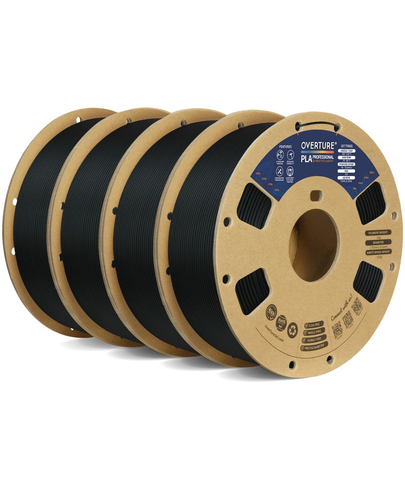 OVERTURE 4KG Bundle PLA Plus (PLA+) Filament 1.75mm, Stronger & More Durable, Professional Toughness 3D Printer Filament 1kg (2.2lbs) 4 Pack, High Precision +/- 0.02mm, Tangle-Free (Black*4) - Image 1