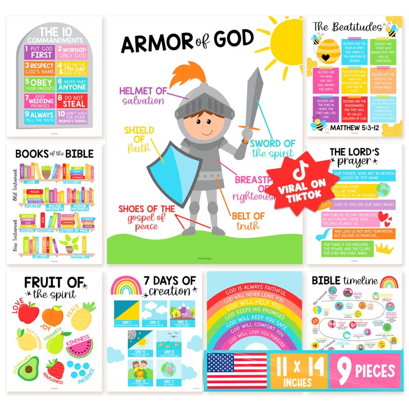 Hadley Designs Sunday School Decorations for Classroom â€“ 9 Bible Posters for Kids, 11x14in Books of the Bible Poster, 10 Commandments, Fruits of the Spirit & More â€“ Rainbow Christian Classroom Decor - Image 1