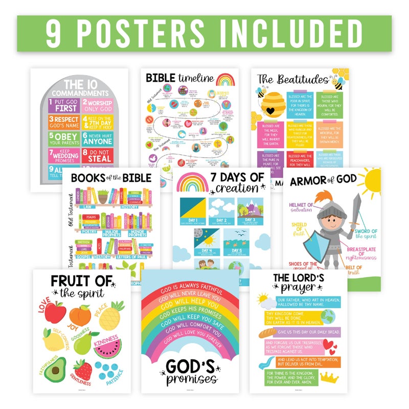 Hadley Designs Sunday School Decorations for Classroom â€“ 9 Bible Posters for Kids, 11x14in Books of the Bible Poster, 10 Commandments, Fruits of the Spirit & More â€“ Rainbow Christian Classroom Decor - Image 4