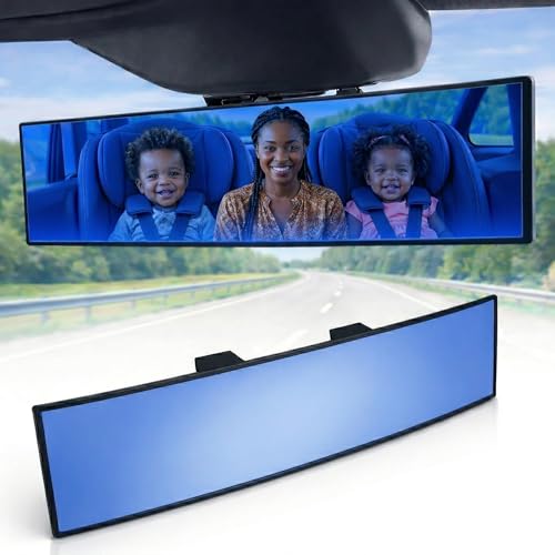 ICBEAMER 9.4" ICBEAMER Clip On Rear View Mirror | Convex Blue Tint, Panoramic Wide Angle HD Glass, Anti Glare, Universal Fit for Car, SUV, Truck | Eliminates Blind Spots (1 Pack) - Image 1