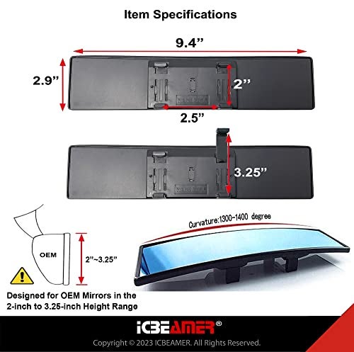 ICBEAMER 9.4" ICBEAMER Clip On Rear View Mirror | Convex Blue Tint, Panoramic Wide Angle HD Glass, Anti Glare, Universal Fit for Car, SUV, Truck | Eliminates Blind Spots (1 Pack) - Image 5