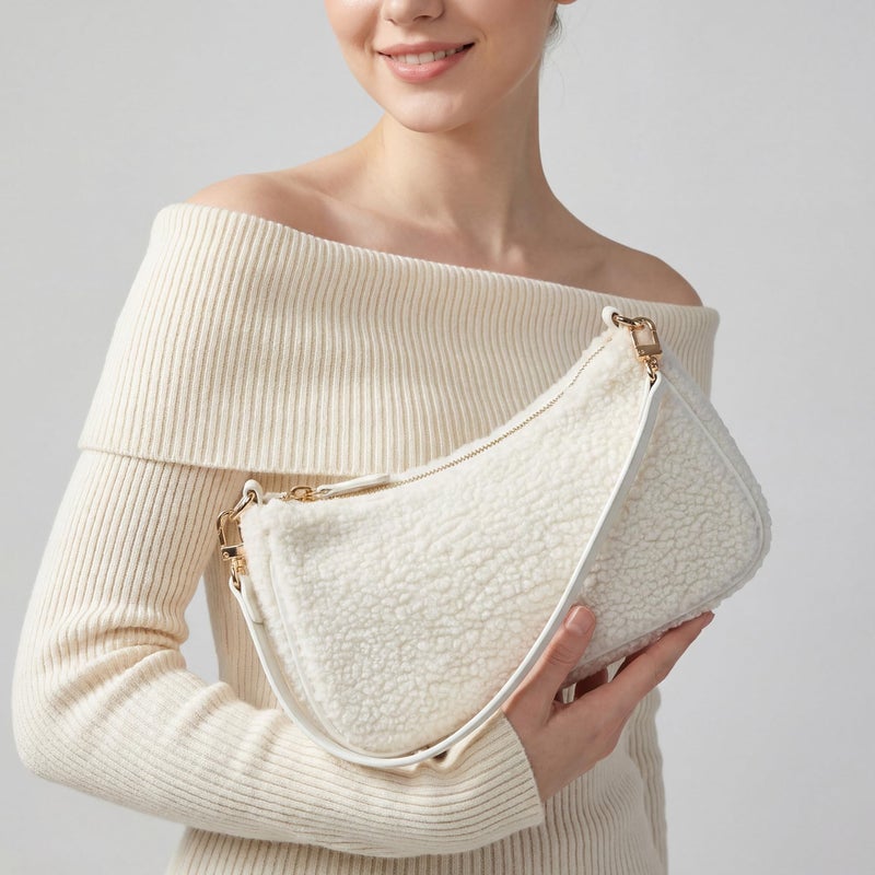 VODIU Sherpa Shoulder Bag for Women, Cute Hobo Purses Mini Clutch Handbag Retro Crossbody Bag with Chain - Image 2