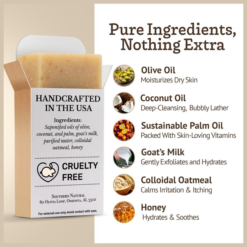Southern Natural Oatmeal Soap Bar (3 Pack) Unscented Goat Milk Soap Bars With Colloidal Oatmeal & Honey. For Dry, Sensitive Skin. Fragrance Free Cleanser - Image 3