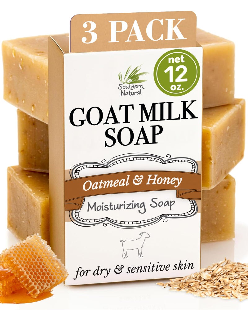 Southern Natural Oatmeal Soap Bar (3 Pack) Unscented Goat Milk Soap Bars With Colloidal Oatmeal & Honey. For Dry, Sensitive Skin. Fragrance Free Cleanser - Image 1