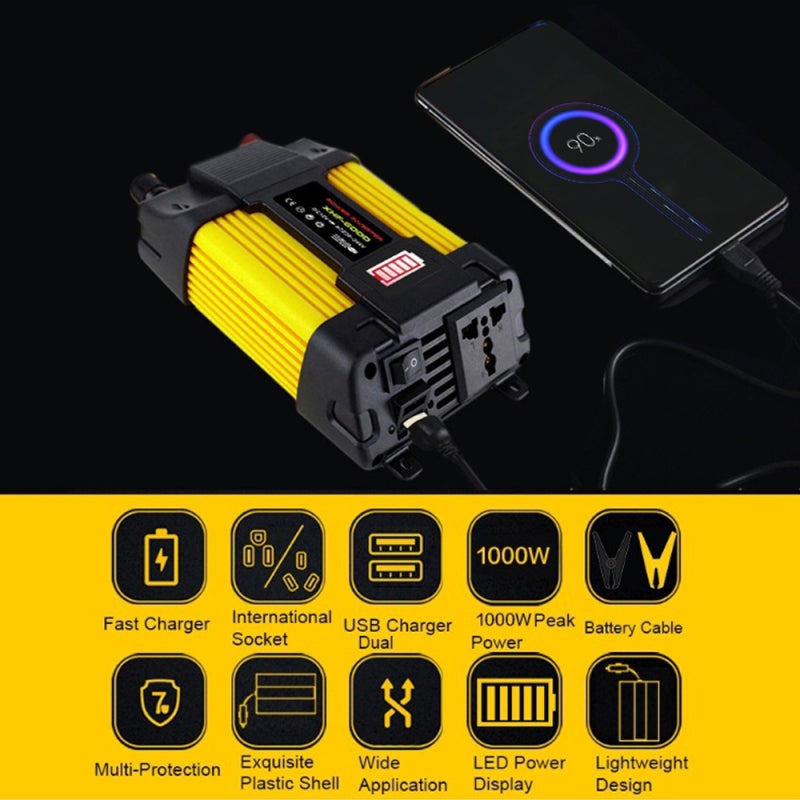 Car Power Inverter 300W DC 12V To AC 110V Yellow - 8 Safety Protections LED Battery Display, 2 Fast USB Ports 1 Universal Socket for Vehicle Camping Emergency Home Use - Image 4