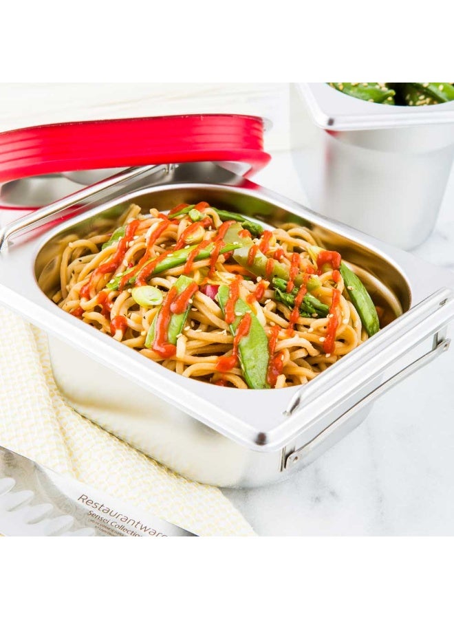 Restaurantware Met Lux 7 Inch x 6.4 Inch x 2.5 Inch Steam Table Pan, 1 One Sixth Hotel Pan - Anti-Jam, Deep, Silver Stainless Steel Table Pan, With Collapsible Handles, For Parties Or Events - Image 3