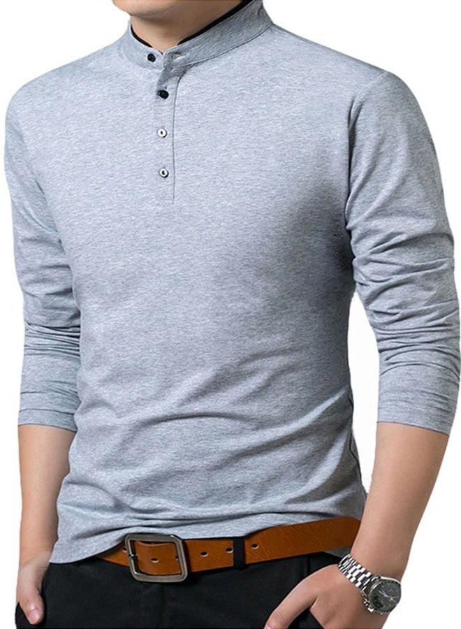 KUYIGO Men's Casual Slim Fit Shirts Pure Color Long Sleeve Polo Fashion T-Shirts, Long Sleeve Light Grey, XL - Image 3