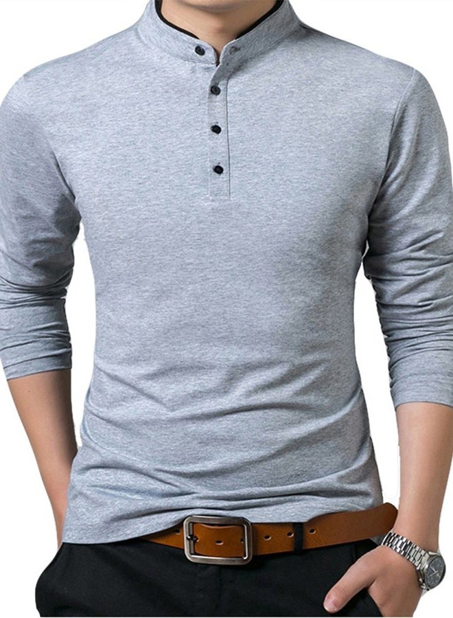 KUYIGO Men's Casual Slim Fit Shirts Pure Color Long Sleeve Polo Fashion T-Shirts, Long Sleeve Light Grey, XL - Image 2