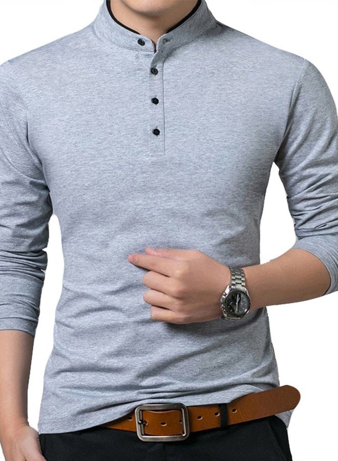 KUYIGO Men's Casual Slim Fit Shirts Pure Color Long Sleeve Polo Fashion T-Shirts, Long Sleeve Light Grey, XL - Image 1