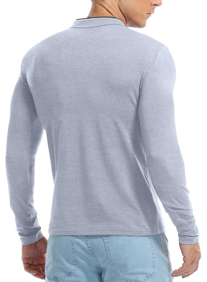 KUYIGO Men's Casual Slim Fit Shirts Pure Color Long Sleeve Polo Fashion T-Shirts, Long Sleeve Light Grey, XL - Image 5