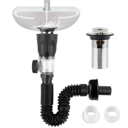 iFealClear Bathroom Sink Drain Kit Flexible PTrap Drain Pipe with Pop Up Stopper Expandable Bathroom Sink Pipe Replacement with 2 Adapters Fits 114 112 2 Holes Hair Catcher Chrome - Image 1